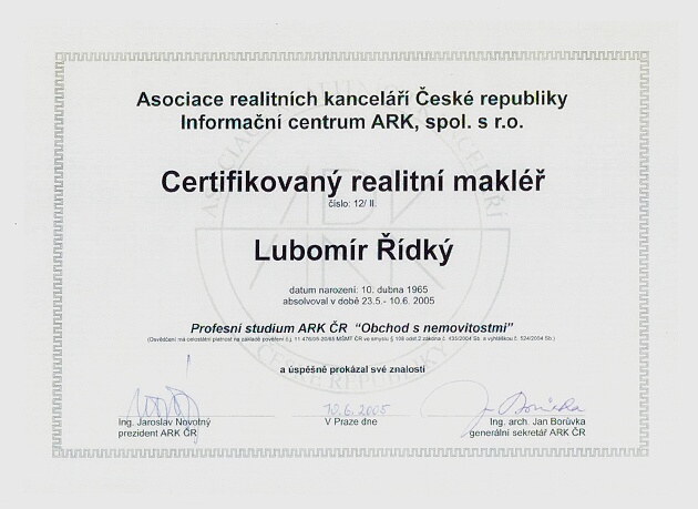 Asociace realitnch kancel - certifikt